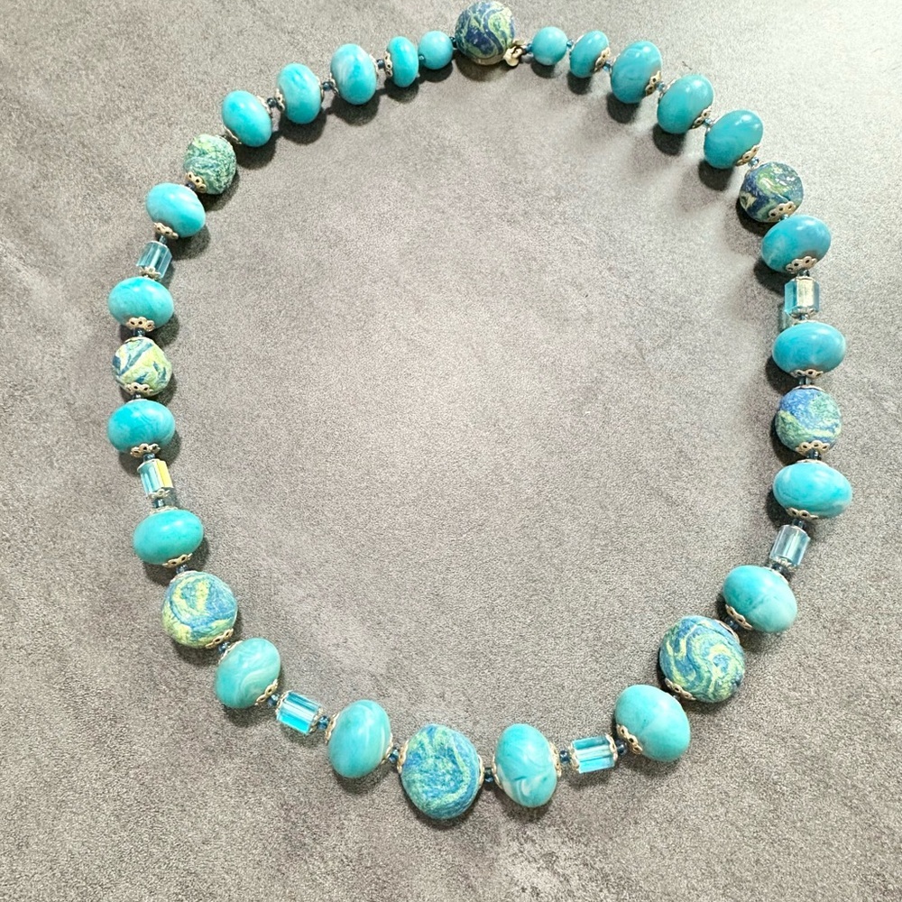 Vintage Turquoise Swirl Colored Sugar Bead Necklace And Crystal Statement Spring